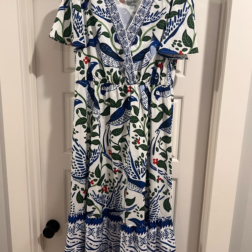 SHEIN Blue and Green Patterned Midi Dress
